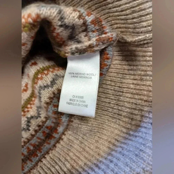 Cassis Collection LS Sweater 100% Merino Wool Tan With Blues Size  Medium - Picture 9 of 10